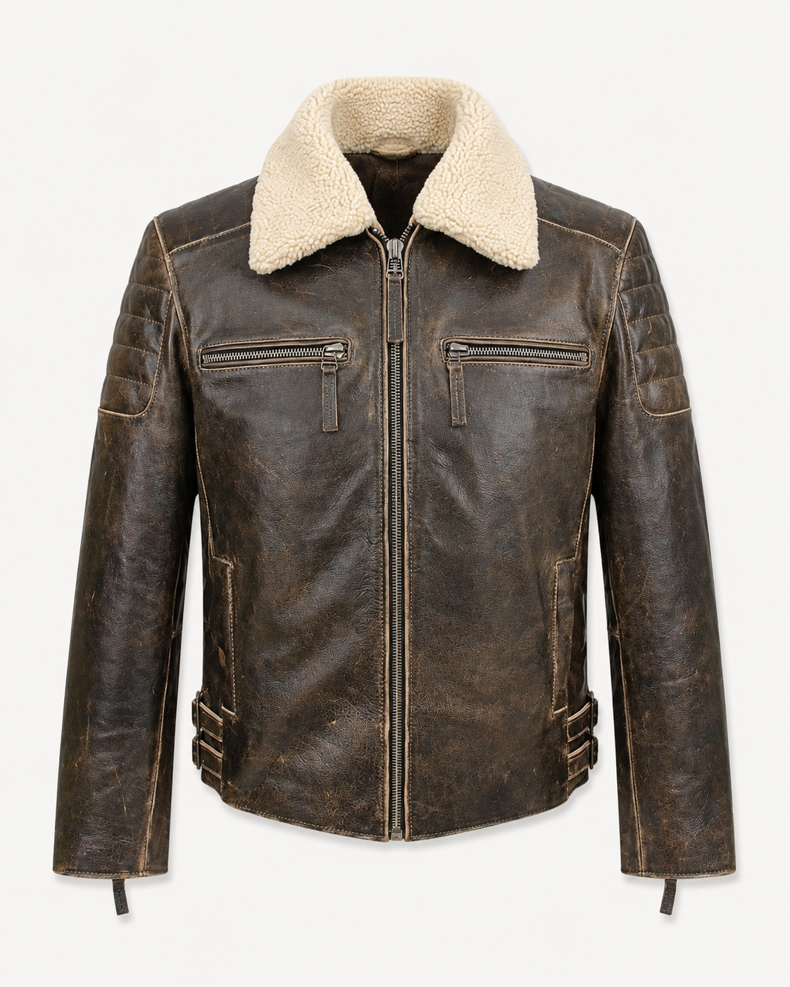 Men’s Distressed Cowhide Leather Jacket with Fur Collar