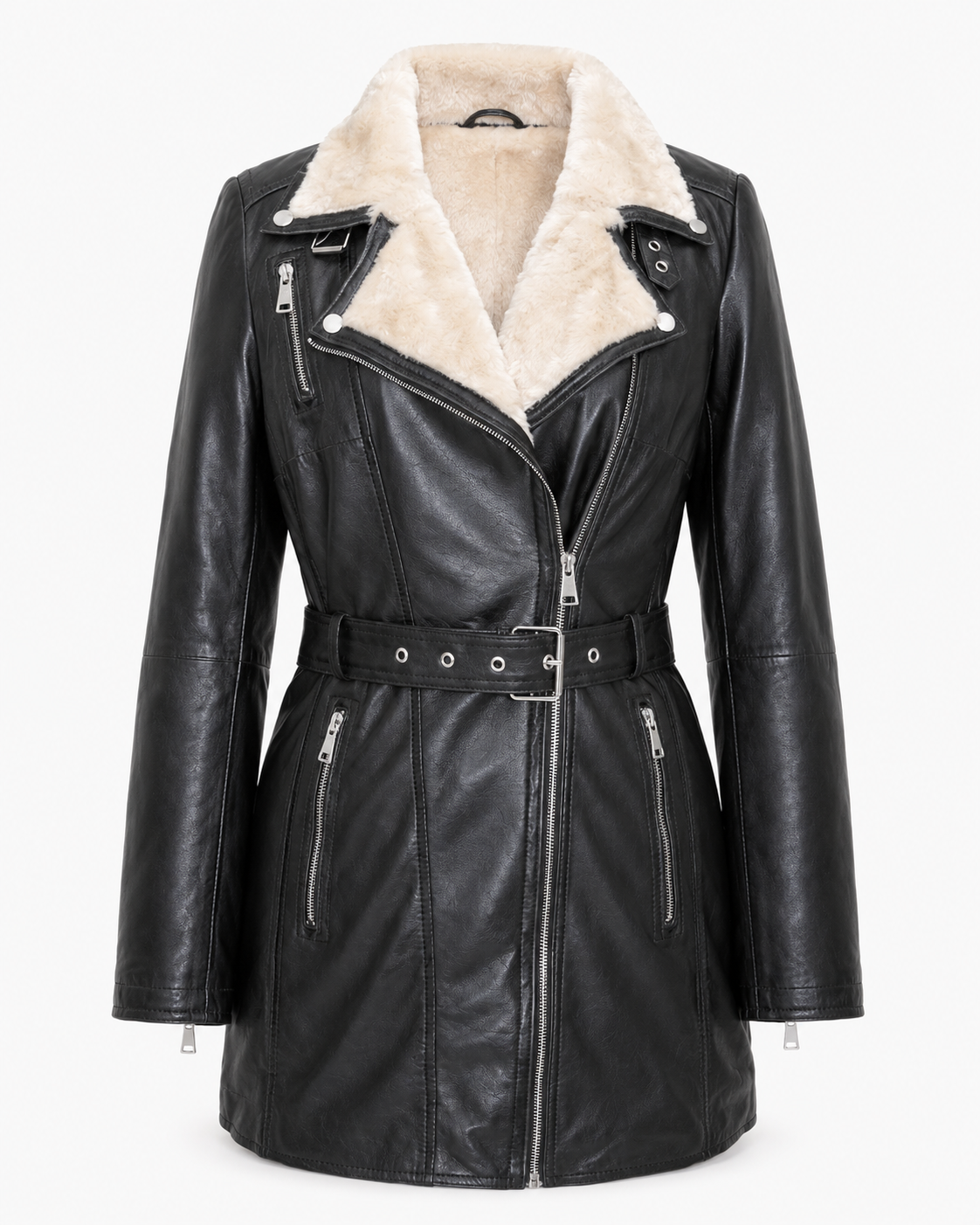 Women’s Shearling-Collar Leather Moto Coat