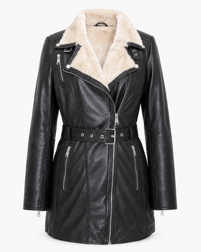 Women’s Shearling-Collar Leather Moto Coat
