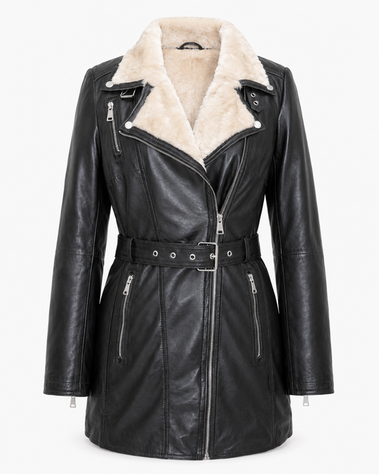Women’s Shearling-Collar Leather Moto Coat