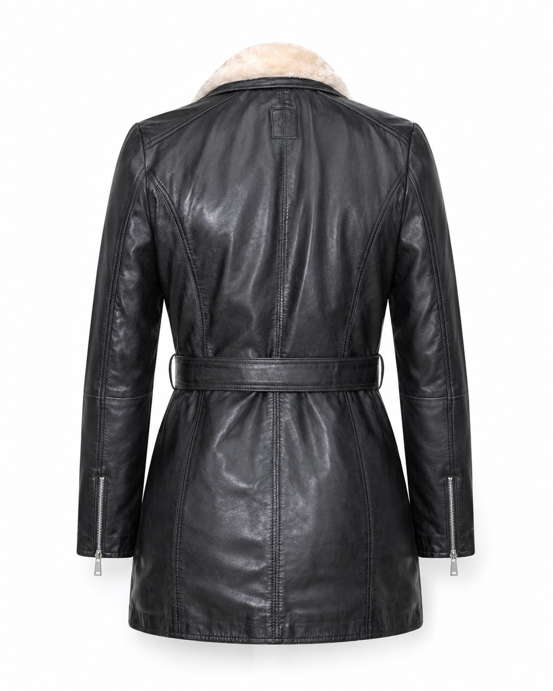 Women’s Shearling-Collar Leather Moto Coat