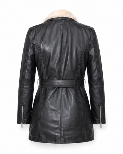 Women’s Shearling-Collar Leather Moto Coat