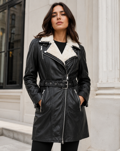 Women’s Shearling-Collar Leather Moto Coat