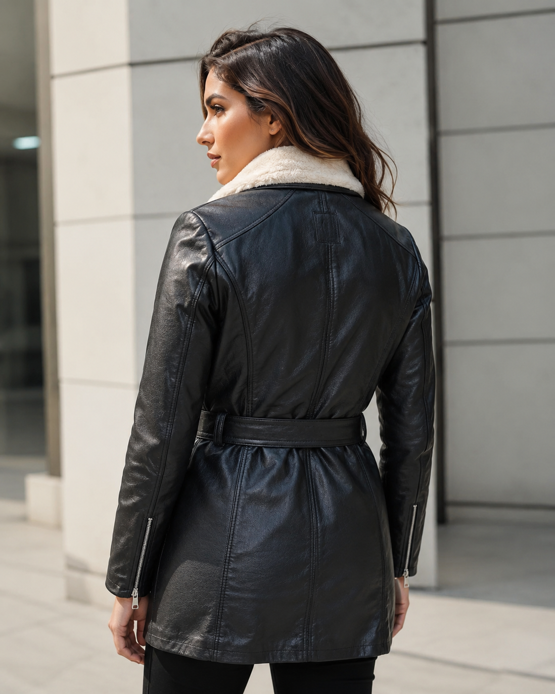 Women’s Shearling-Collar Leather Moto Coat