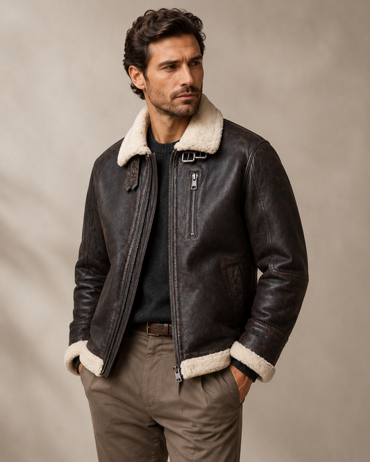 Men’s Leather Aviator Jacket with Faux Fur Collar