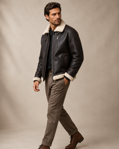 Men’s Leather Aviator Jacket with Faux Fur Collar
