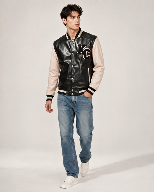 Men’s Sheep Nappa Leather Varsity Jacket with KC Patch