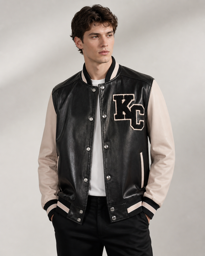 Men’s Sheep Nappa Leather Varsity Jacket with KC Patch