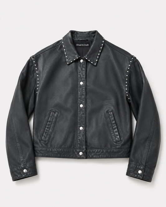 Women’s Black Studded Sheep Nappa Leather Jacket