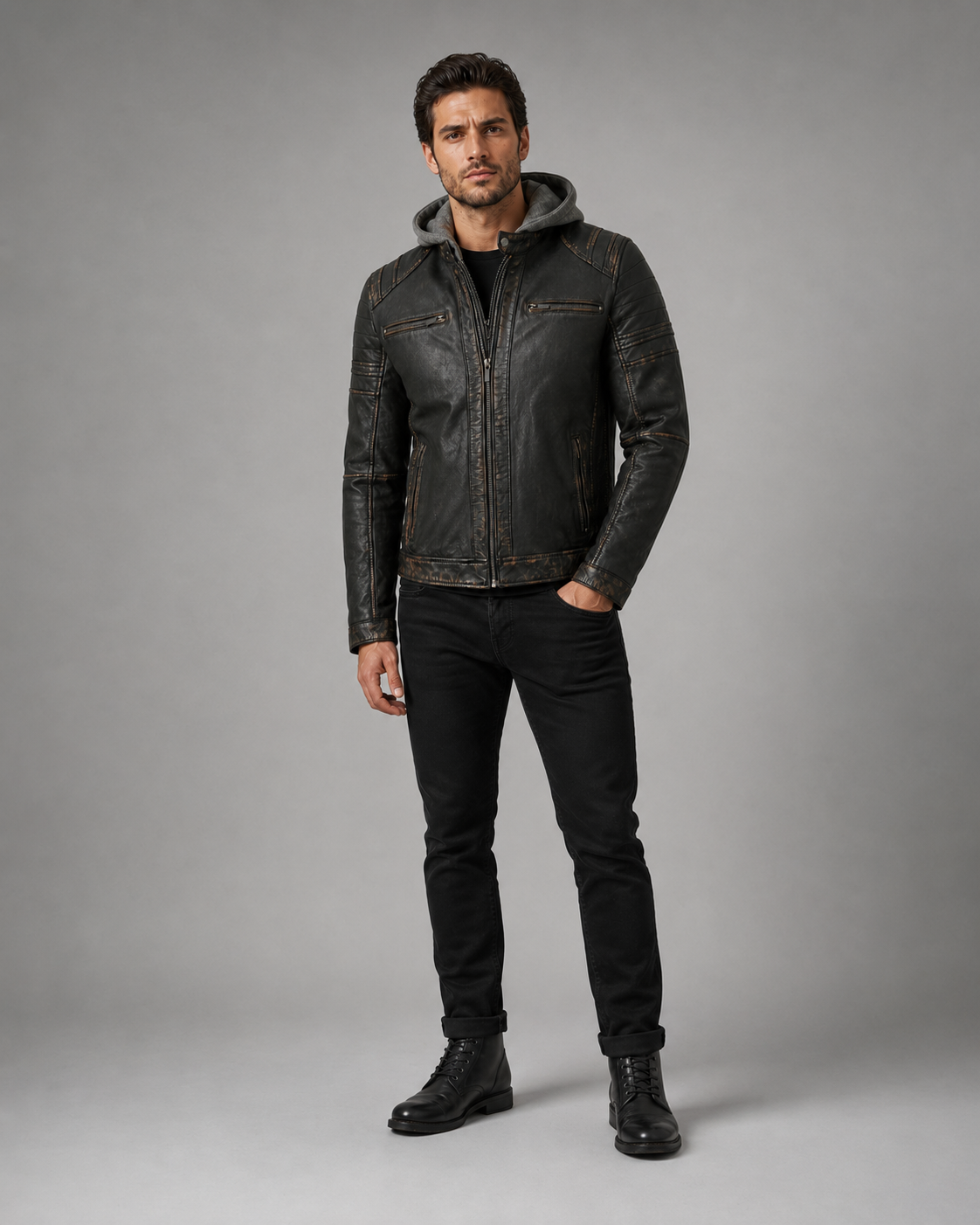 Men’s Hooded Distressed Black Leather Biker Jacket