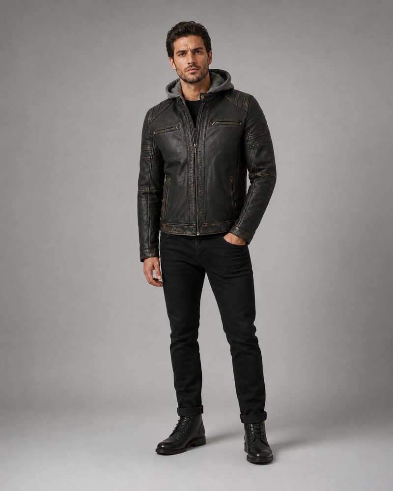 Men's Hooded Distressed Leather Biker Jacket – Real Sheep Leather with Hood