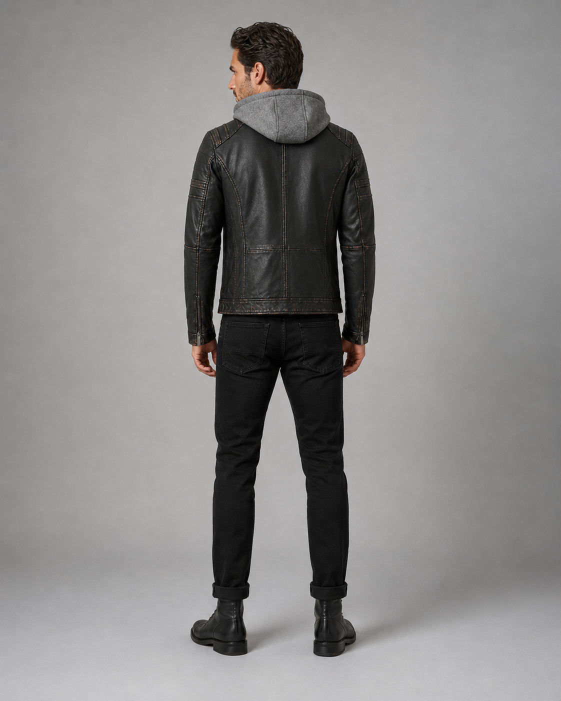 Men’s Hooded Distressed Black Leather Biker Jacket