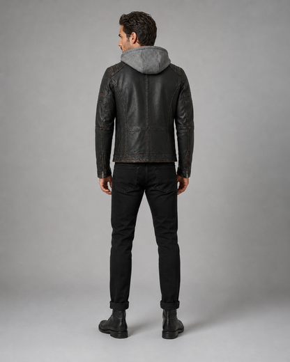 Men’s Hooded Distressed Black Leather Biker Jacket