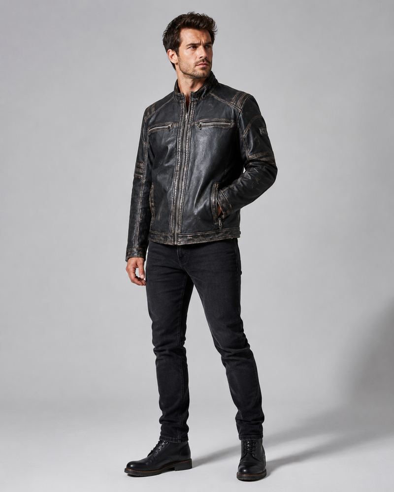 Men's Distressed Black Leather Biker Jacket – Real Sheep Leather Moto Jacket