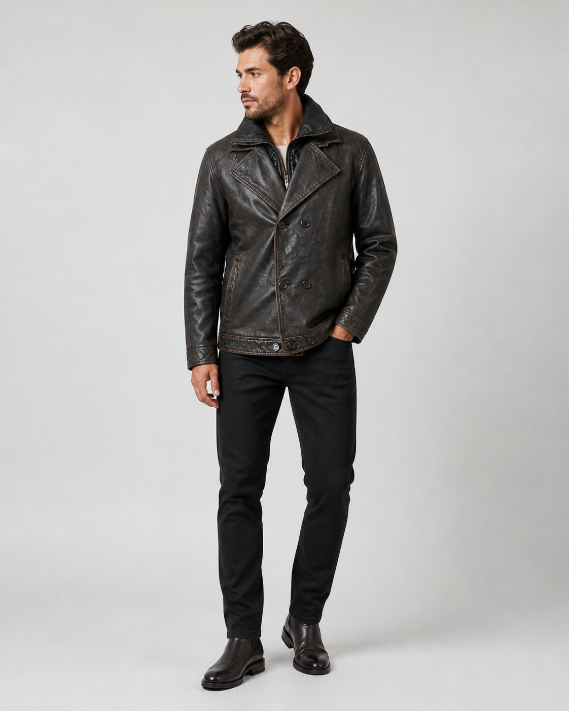 Men’s Distressed Leather Peacoat Jacket