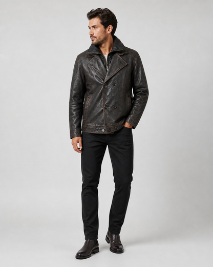 Men’s Distressed Leather Peacoat Jacket