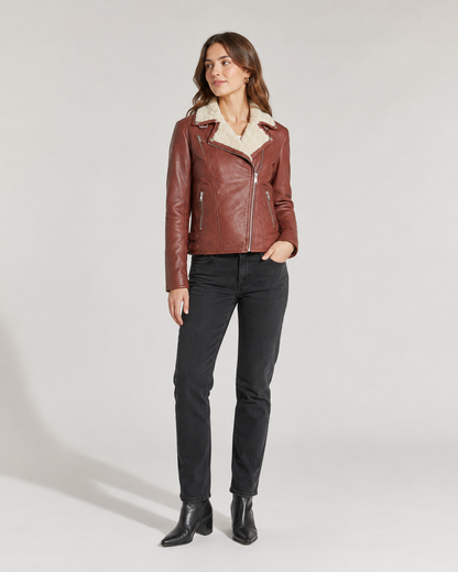 Women’s Shearling-Collar Leather Biker Jacket