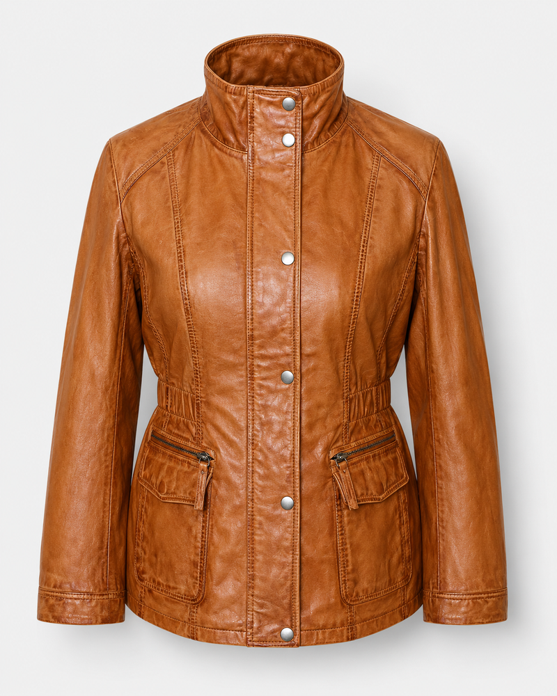 Women's Leather Field Jacket – Real Leather Utility Jacket with Stand Collar