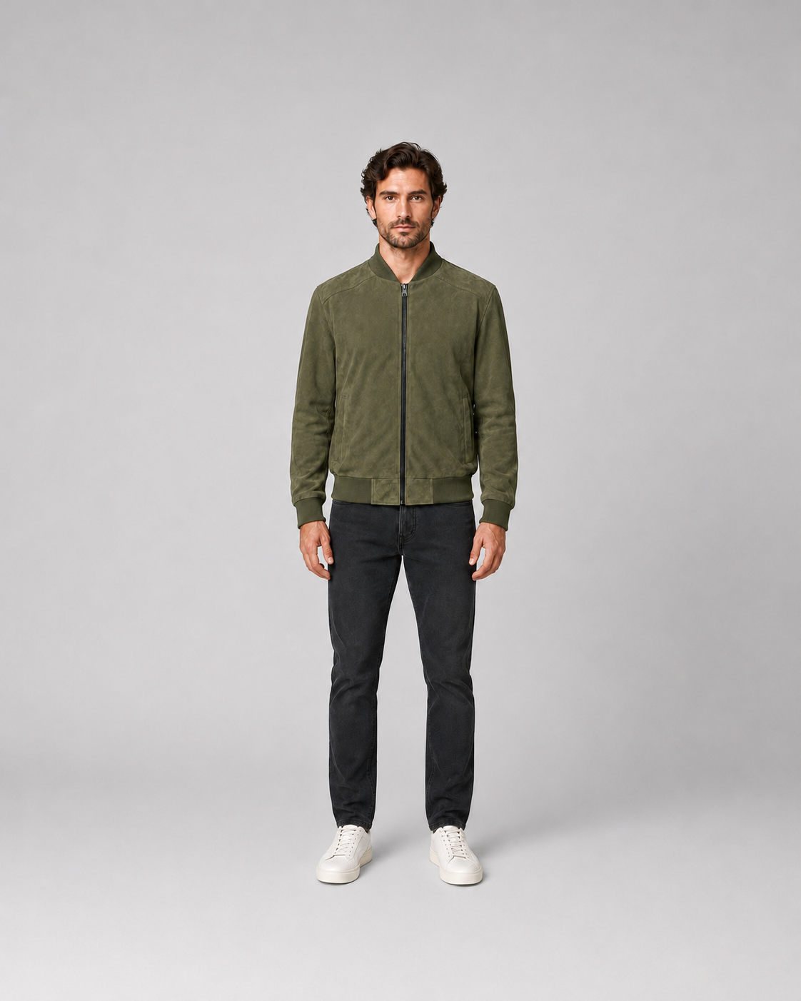 Men’s Suede Leather Bomber Jacket with Ribbed Trims
