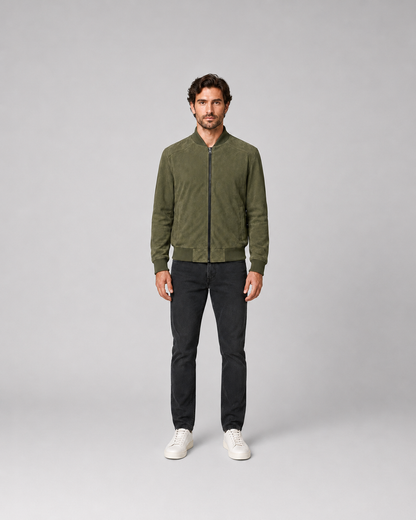 Men’s Suede Leather Bomber Jacket with Ribbed Trims