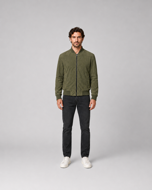 Men’s Suede Leather Bomber Jacket with Ribbed Trims