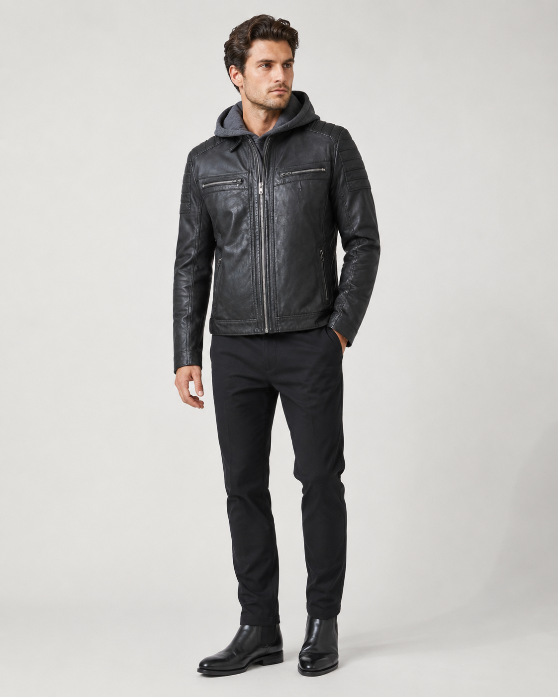 Men’s Washed Sheep Leather Hooded Racer Jacket
