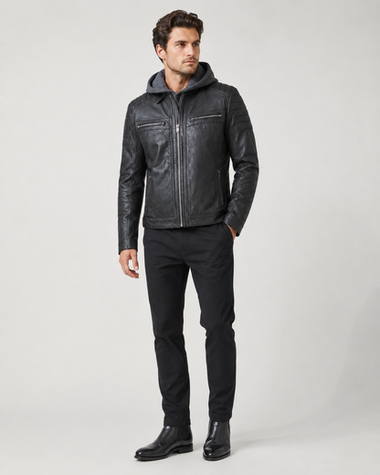 Men’s Washed Sheep Leather Hooded Racer Jacket