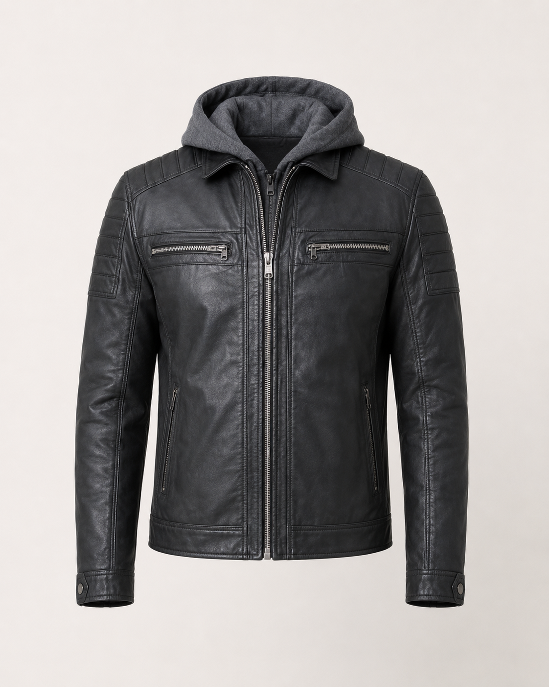 Men’s Washed Sheep Leather Hooded Racer Jacket
