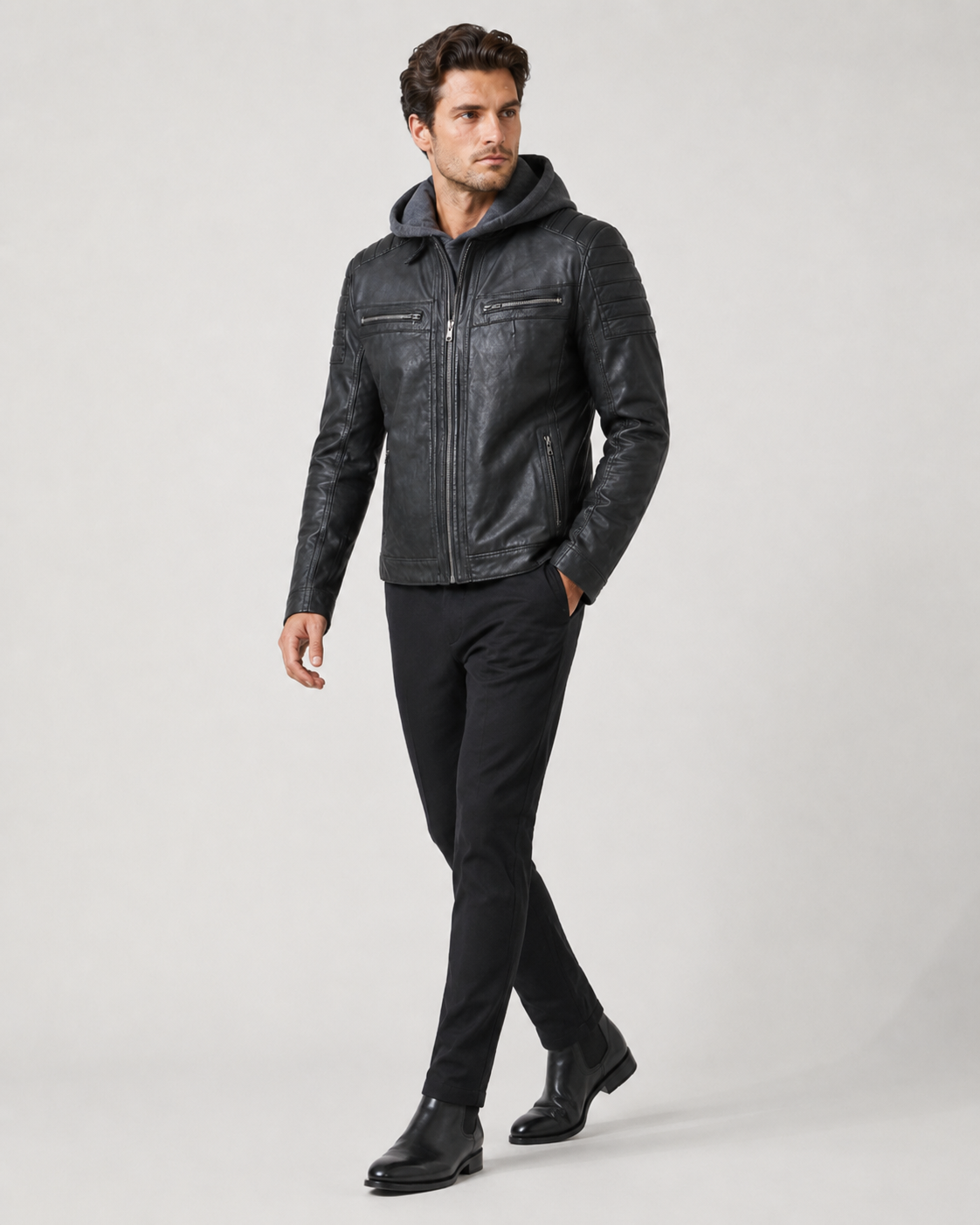 Men’s Washed Sheep Leather Hooded Racer Jacket