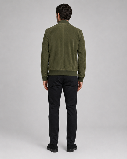 Men’s Suede Leather Bomber Jacket with Ribbed Trims