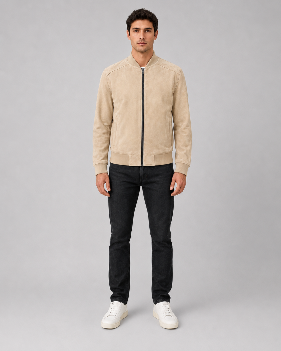 Men’s Suede Leather Bomber Jacket with Ribbed Trims