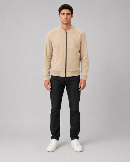 Men’s Suede Leather Bomber Jacket with Ribbed Trims