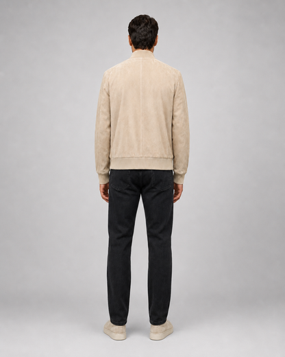 Men’s Suede Leather Bomber Jacket with Ribbed Trims