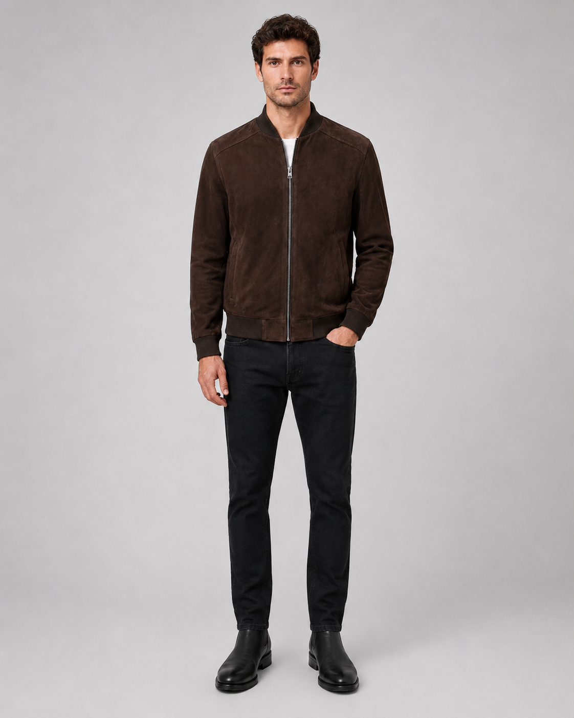 Men’s Suede Leather Bomber Jacket with Ribbed Trims