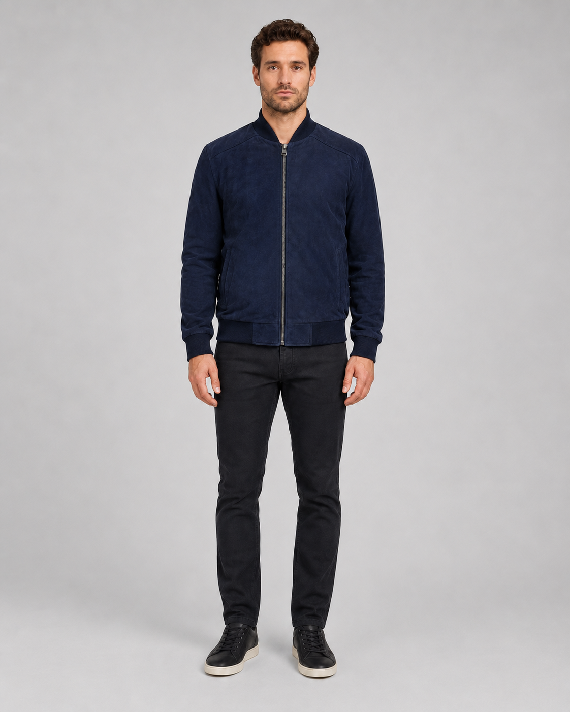 Men’s Suede Leather Bomber Jacket with Ribbed Trims