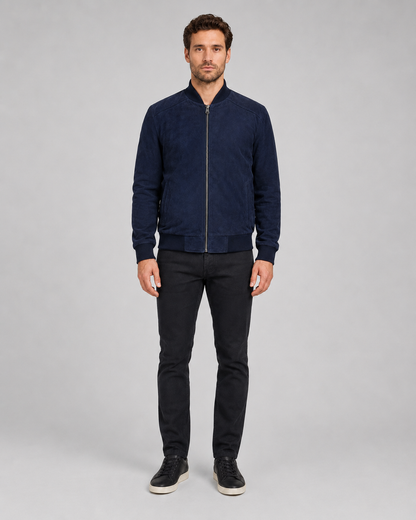 Men’s Suede Leather Bomber Jacket with Ribbed Trims