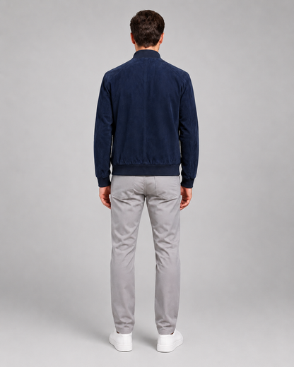 Men’s Suede Leather Bomber Jacket with Ribbed Trims