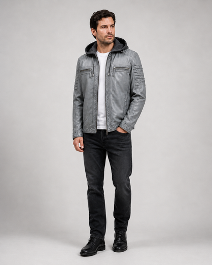 Men’s Washed Sheep Leather Hooded Racer Jacket