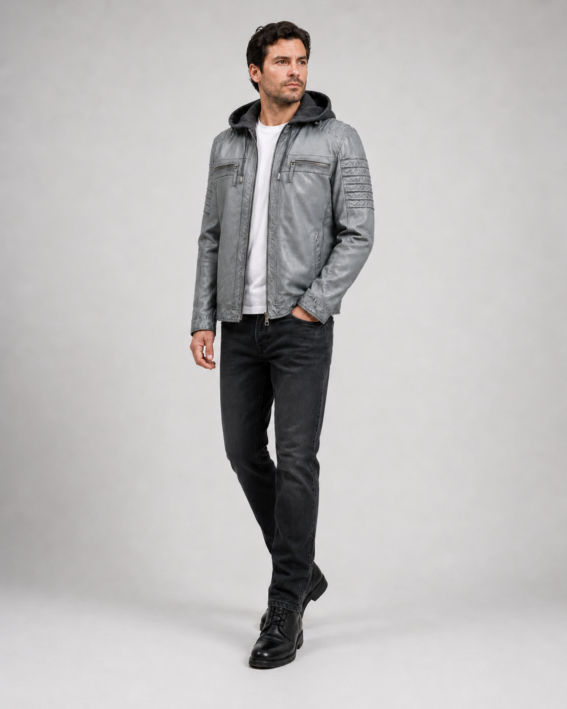 Men’s Washed Sheep Leather Hooded Racer Jacket