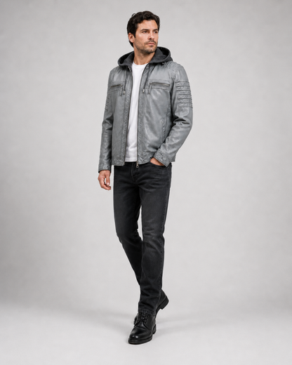 Men’s Washed Sheep Leather Hooded Racer Jacket