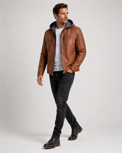 Men’s Washed Sheep Leather Hooded Racer Jacket