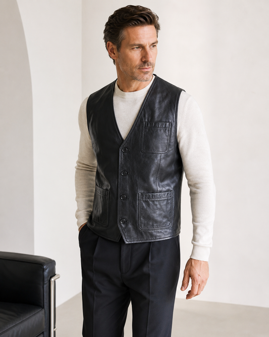 Men’s Sheep Nappa Leather Utility Vest with Patch Pockets