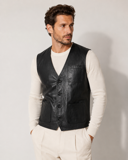 Men’s Sheep Nappa Leather Utility Vest with Patch Pockets