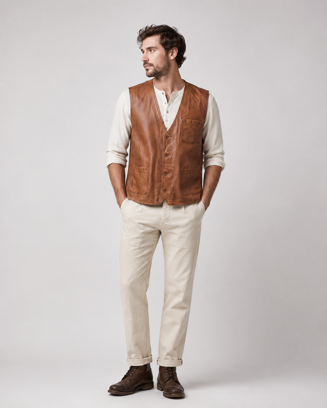 Men’s Sheep Nappa Leather Utility Vest with Patch Pockets