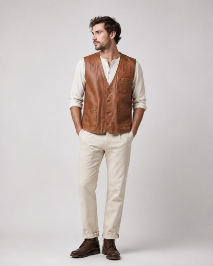 Men’s Sheep Nappa Leather Utility Vest with Patch Pockets