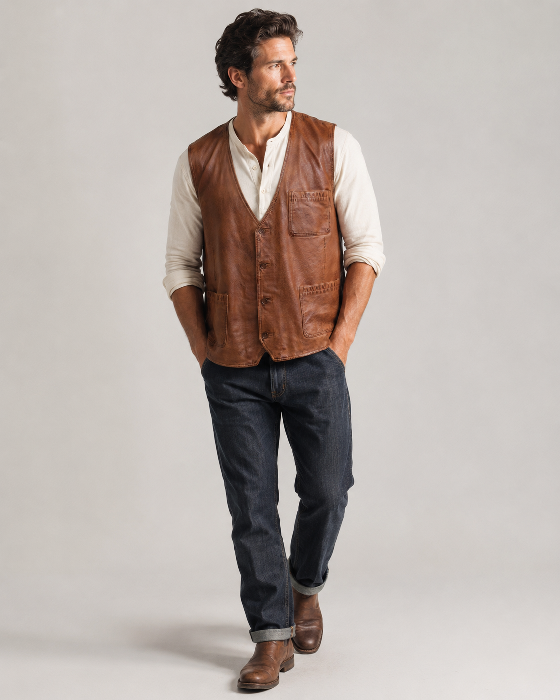 Men’s Sheep Nappa Leather Utility Vest with Patch Pockets