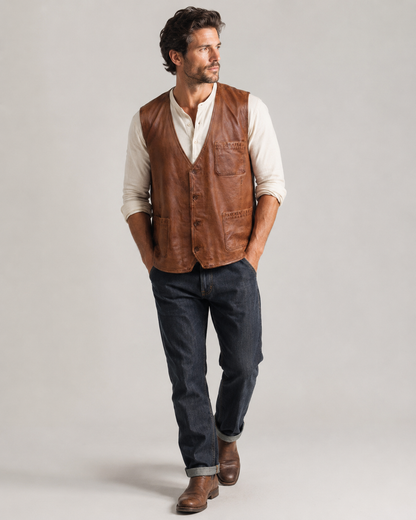 Men’s Sheep Nappa Leather Utility Vest with Patch Pockets