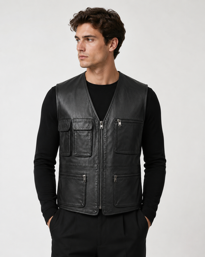 Men’s Sheep Nappa Leather Utility Vest with Zip Pockets