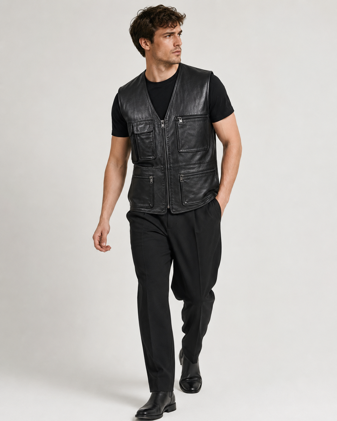 Men’s Sheep Nappa Leather Utility Vest with Zip Pockets