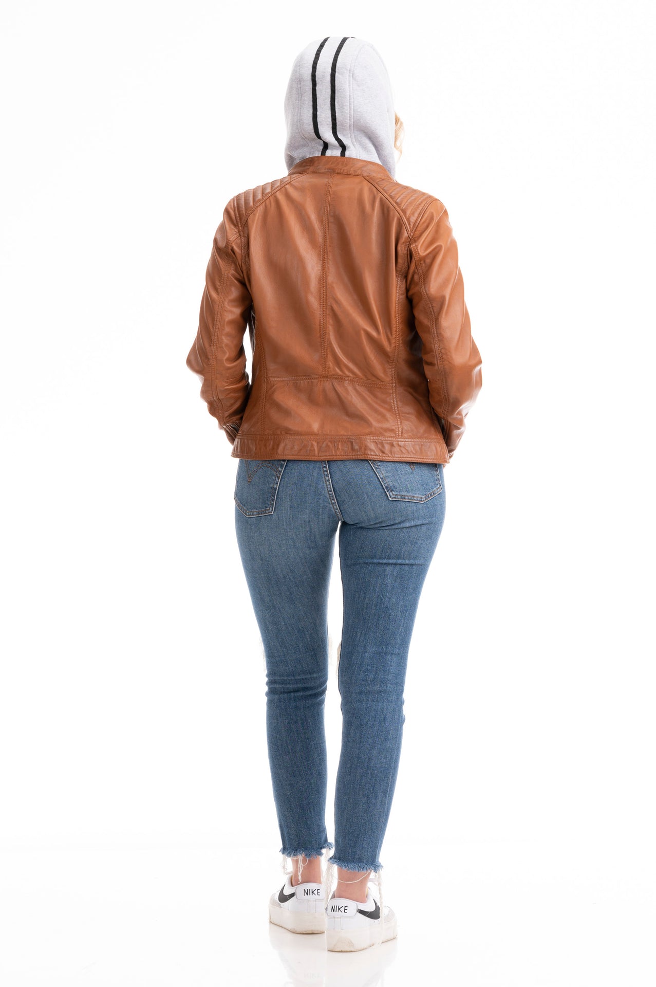 Women's Lambskin Leather Cafe Racer Jacket with Detachable Hood – Cognac & Black